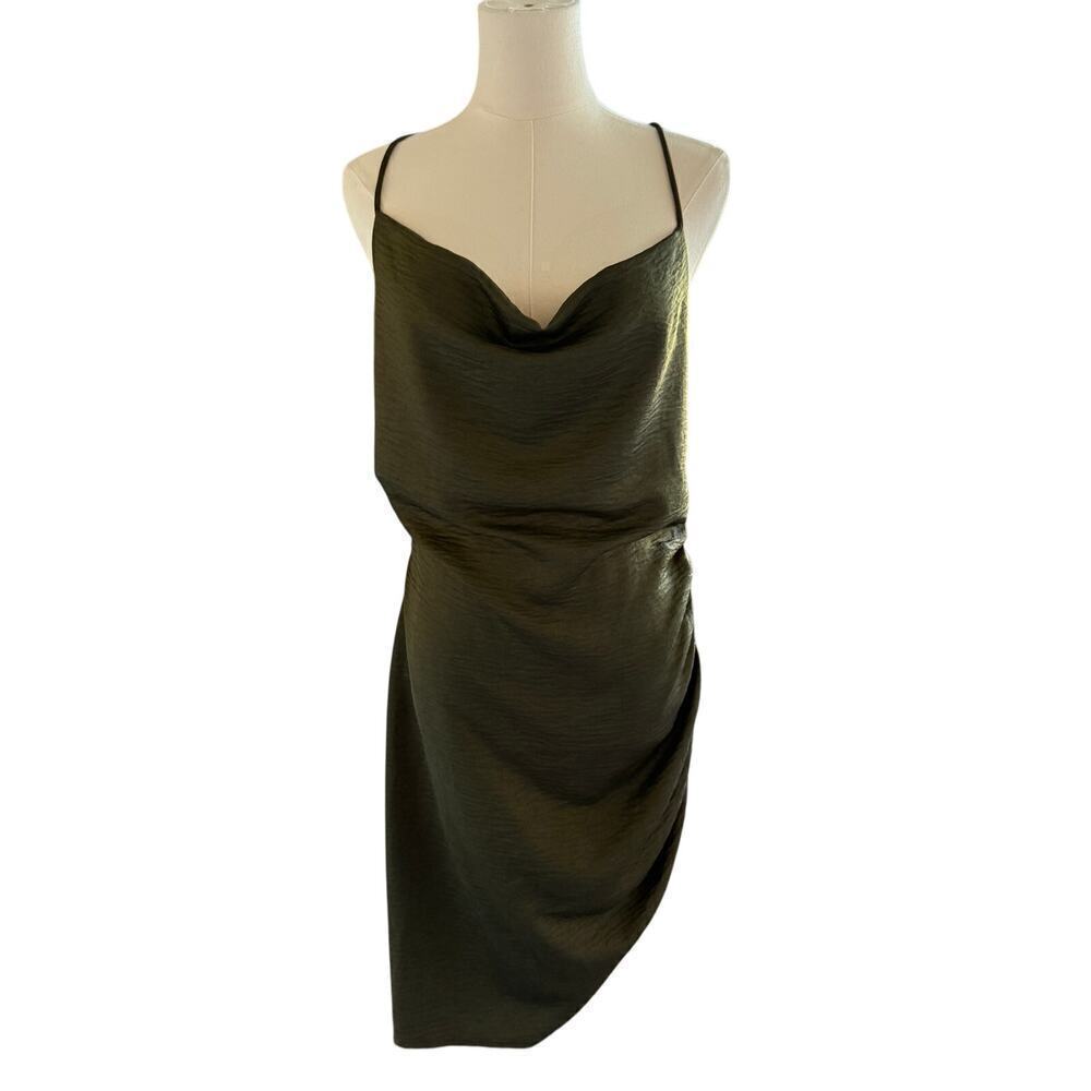 Olive Green Ellie Ruched Mini Dress Large Crisscross Back Cowl Neck Fashion Nova